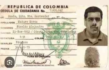 En redes sociales circula una supuesta cédula colombiana con el nombre de Nicolás Alejandro Maduro Moros. FOTO: Tomada de las redes sociales 