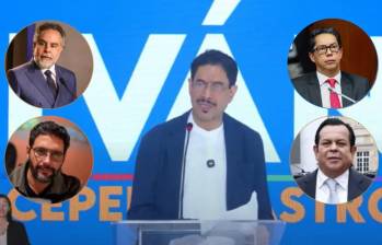 Iván Cepeda, excandidato presidencial. En la foto, arriba a la izquierda: Armando Benedetti, ministro del Interior; abajo, Agmeth Escaf, congresista. Arriba a la derecha: Pedro Flórez, senador; abajo, Euclides Torres, contratista. Fotos: Colprensa, captura de video y redes sociales. 