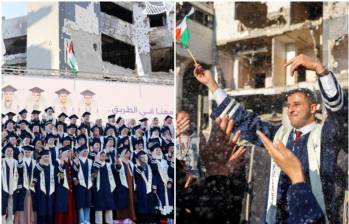 Fueron en total 230 estudiantes de dos universidades de Gaza quienes se graduaron recientemente luego de dos años de guerra, donde además de la infraestructura perdieron a sus familiares. FOTO: AFP