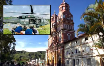 Adelante, el momento del rescate con el helicóptero Ángel de la FAC. Atrás, casco urbano de Anorí. Foto: Jaime Pérez Munévar