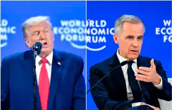 El presidente Donald Trump y el primer ministro de Canadá, Mark Carney, en sus intervenciones en el Foro Económico Mundial en Davos, Suiza. FOTOS: Xinhua y Getty 