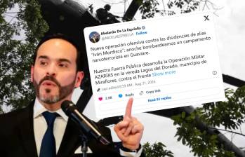 Autoridades militares bombardearon un campamento del Frente Carolina Ramírez, de las disidencias de ‘Iván Mordisco’, en zona rural de Miraflores, Guaviare. Foto: Colprensa / X @ABDELAESPRIELLA