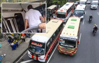 Adelante, el conductor de bus que se enfrentó contra las mujeres. Atrás, imagen de referencia de buses de la ciudad. Foto: Esneyder Gutiérrez e imagen tomada de redes.
