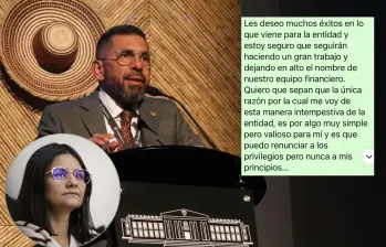Jefe financiero saliente de Presidencia, Sergio Beltrán y parte del chat donde se despidió tras su renuncia. Abajo, Angie Rodríguez directora del DAPRE. Foto: Presidencia y cortesía.