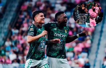 Arcila y Cambindo celebrando. En la esquina superior derecha, Messi y Romaña abrazados. FOTOS: X ClubLeón