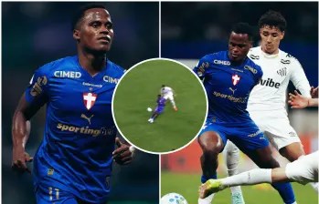 En la victoria 3-0 de Palmeiras sobre Santos por los cuartos de final de la Copa de Brasil, el extremo colombiano firmó la acción más espectacular del encuentro, una maniobra individual. FOTO: Tomada de redes sociales @jhonariasa y captura de video de Palmeiras