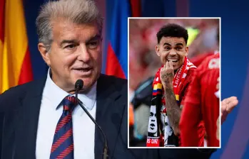 El presidente del Barcelona, Joan Laporta, y el futbolista colombiano Luis Díaz. FOTOS: Tomadas de X @FCBarcelona y @LFC