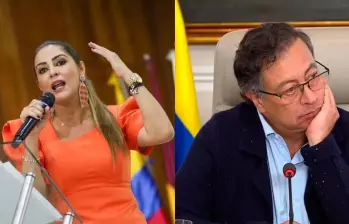 La gobernadora del Tolima, Adriana Magali Matiz, intercambia palabras con el presidente Gustavo Petro antes de retirarse del acto oficial en Chaparral, en un momento que quedó registrado en video y que reavivó las diferencias entre ambos. FOTOS: COLPRENSA.