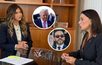 La embajadora de Colombia en Washington María Consuelo Araújo (der.) se reunió con la delegada para el Escudo de las Américas, Kristi Noem; también con el presidente Donald Trump. FOTO: Embajada de Colombia, Getty y Colprensa