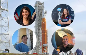 Diana Trujillo, Liliana Villarreal, Iván Ramírez y Juan Felipe García son los ingenieros colombianos que hacen parte de la misión Artemis II que este miércoles inicia su viaje a la Luna. FOTOS: Getty, Vanguardia y tomada de redes sociales 