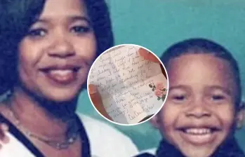 La auxiliar de vuelo Cee Cee Lyles junto a su hijo Jevon Castrillo y la carta que este joven recibió 24 años después por parte de su maestra de la escuela. FOTO: Redes sociales video WPTV