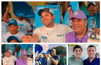 El apoyo de “Santa” (vestido con prendas moradas) a la campaña de Gómez (camiseta blanca), sumado a los cuestionamientos que rodean a su dupla Wadith Manzur (abajo, con camisa verde) y a viejos escándalos regionales, vuelve a poner bajo la lupa las alianzas y financiamiento en la contienda electoral. FOTO: REDES SOCIALES
