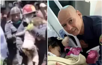 El reencuentro entre la pequeña Sofía, de tres años, y el bombero Germán Duque concluyó con el abrazo que no pudieron darse el día en que la estructura del edificio Ariguaní se vino abajo en Cali. FOTO: Captura de video de redes sociales y cortesía @noticiascaracol