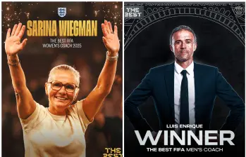 Sarina Wiegman y Luis Enrique recibieron el premio The Best a mejor entrenador del año. Foto: tomada de redes @Lionesses y @PSG_inside