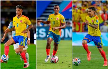 Jorge Carrascal, Jhon Arias y Gustavo Puerta estuvieron en la Copa del Mundo 2026 con Colombia. Alguno de ellos puede ser el primero en llevar la 10 después de James Rodríguez. FOTO Juan Antonio Sánchez