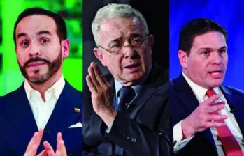 A la izquierda, Abelardo De La Espriella; en el centro, el expresidente Álvaro Uribe Vélez; a la derecha, Juan Carlos Pinzón. FOTO MANUEL SALDARRIAGA Y GETTY