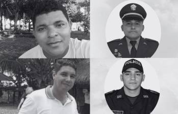 A la derecha, Esneider Zambrano y Rafael Julián Rodríguez Quiroz, líderes comunales asesinados en Santander. A la izquierda, César Augusto Rodríguez Nieves y Bryan Estiven Lizarazo Torres, policías asesinados en la vía entre Ábrego y Cúcuta. Foto: tomada de redes sociales y cortesía