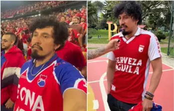 El hincha de Santa Fe infiltrado en el Atanasio para ver la final del fútbol colombiano. FOTO: CAPTURA VIDEO REDES SOCIALES @Sudamerican.gol y @deibby.saenz