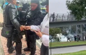 Protesta frente a la Embajada de Estados Unidos en Bogotá dejó a cuatro policías heridos. FOTOS: Capturas de video 