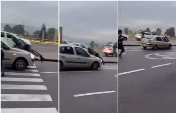 Secuencia de como el conductor embistió y arrastró al agente de tránsito por la vía frente al aeropuerto El Dorado de Bogotá. FOTO: CAPTURA VIDEO REDES SOCIALES