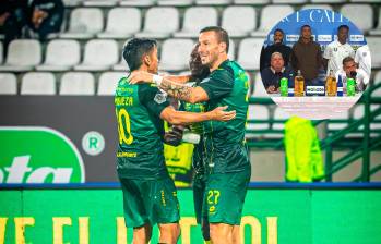 Fabián Sambueza, Emerson Batalla y Luciano Pons, 3 referentes del Bucaramanga. En el círculo, el “Arriero” Herrera con Dayro Moreno y demás jugadores de Once Caldas en la rueda de prensa posterior al partido. FOTOS: X ABucaramanga y captura de vídeo