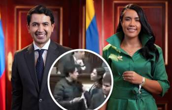 La representante por Antioquia Verónica Estrada pidió disculpas por agarrar de la chaqueta a Daniel Briceño, del Centro Democrático. Fotos: Congreso y X