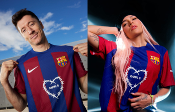 Karol G en las camisetas del Barça que se usarán en el superclásico contra el Real Madrid. FOTO: Sitio oficial del FC Barcelona