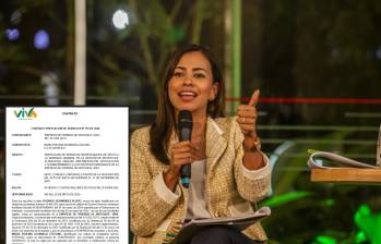 Adelante, el contrato de la exconcejala con la empresa de vivienda de Antioquia Viva. Atrás, María Paulina Aguinaga durante un debate político. FOTO: Carlos Velásquez