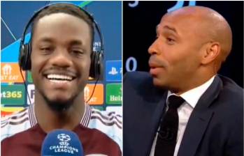 Jhon Jader Durán y Thierry Henry durante su entrevista tras el juego Aston Villa 1-0 Bayern Múnich en Champions. FOTOS: Captura de video entrevista CBS Sport