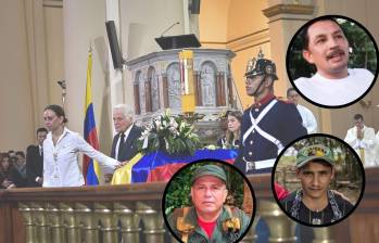 Alias el Zarco Aldinever (de blanco), alias Enroque Marulanda (esquina inferior derecha), alias John 40 y alias Yaco (sin foto) se habrían reunido para planear el magnicidio de Miguel Uribe. FOTOS Colprensa y EL COLOMBIANO
