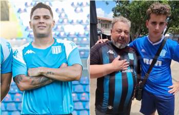 Juanfer Quintero le ayudó a conseguir entradas a este padre e hijo para la final de Copa Sudamericana. FOTO: RACING Y SPORT CENTER