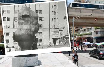 Una imagen que compara la instalación del Torso desnudo de Mujer en 1986 con el presente del sector de Parque Berrío donde está instalada. FOTO: Manuel Saldarriaga e imagen de Archivo.
