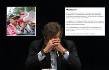 Gustavo Petro le pedía a los militares estadounidenses desobedecer a Trump. Meses atrás, en un trino aseguraba que la Fuerza Pública debía obedecer al presidente. FOTOS: AFP y tomada de X @petrogustavo