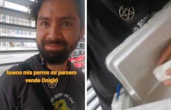 Así fue como se viralizó un estudiante vendiendo onigiris en TransMilenio en Bogotá. FOTO: Capturas de video