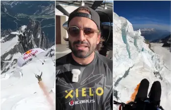 El paracaidista profesional colombiano que cuenta con varios récords, sumó otro a su lista de aventuras extremas, esta vez en el imponente Mont Blanc. FOTO: Redes sociales Nicolás Rubio @niko_xielo