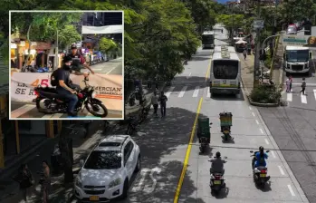 Adelante, peatonalización de la carrera 45 en Manrique. Atrás, invasión del carril del Metroplús por parte de conductores. Foto: Manuel Saldarriaga Quintero e imagen tomada de redes.