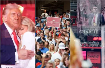 Uno de los momentos que dejó el evento de despedida del activista fue el abrazo entre la viuda de Charlie Kirk, Erika Kirk, y el presidente Donald Trump. FOTOS: Tomadas de Instagram @turningpointusa 