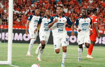 Luis Escorcia anotó el gol del empate parcial del Medellín en Cali. Fue su primera celebración con el cuadro antioqueño, con el que debutó como profesional. Foto: Cortesía DIM 