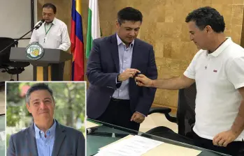Adelante, el exgerente Uriel Sanchez Zuluaga. Atrás, el día de su posesión como gerente de Teleantioquia. Foto: imágenes tomadas de redes.