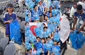 Aficionados japoneses recogen la basura en las gradas del estadio de Dallas tras el empate ante Países Bajos en el Mundial 2026. Foto: Captura de video / FIFA / Redes sociales