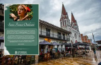 Adelante, la joven lideresa fallecida, atrás el municipio de La Ceja donde tuvo su último adiós. Foto: Esneyder Gutiérrez Cardona e imagen tomada de redes.