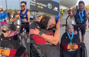 Secuencia de Eric y Silvia en medio de la maratón en Valencia, España, en honor a las personas que sufrieron los estragos de la Dana. FOTO: Captura de video de redes sociales