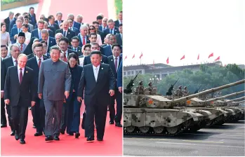 El presidente chino Xi Jinping caminó acompañado del presidente ruso, Vladimir Putin, y del líder norcoreano, Kim Jong Un, hacia la Plaza de Tiananmen donde inició el desfile. FOTOS: Xinhua