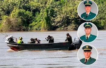 El accidente en el que los tres subintendentes naufragaron en el río Magdalena ocurrió en la tarde del lunes, 14 de julio. Un día después fueron hallados muertos. FOTOS: Tomadas de X @COL_EJERCITO 