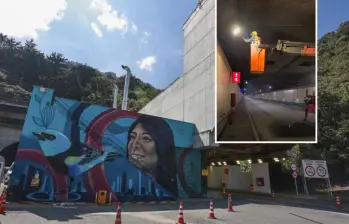 Adelante, obras de mantenimiento del túnel de Oriente. Atrás, uno de sus accesos. Foto: Manuel Saldarriaga Quintero.