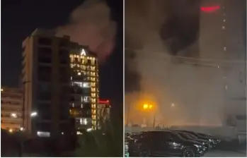Al menos cuatro muertos y diez heridos es el saldo preliminar de un bombardeo contra un hotel en el casco central de la ciudad. FOTO: Captura de video de redes sociales @AlertaMundoNews