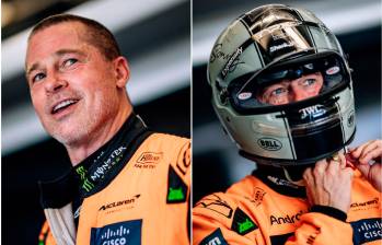 Brad Pitt vestido con el traje “papaya” de McLaren antes de subirse al monoplaza de Lando Norris. FOTOS: Tomada de Instagram @f1
