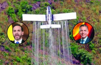 La fumigación aérea es una medida polémica, ya que puede afectar a otro tipo de cultivos con los que los campesinos subsisten, más allá de los ilícitos. En los círculos, el presidente Abelardo de la Espriella y el ministro de Defensa Jorge Mora. FOTO: AFP.
