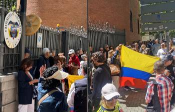 Ciudadanos a las afueras de la embajada de Colombia en Madrid, España, se unieron a las protestas en contra del Gobierno. FOTO: TOMADA DE X (TWITTER) tatoquevedo