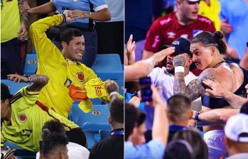 El momento en el que hinchas colombianos e hinchas y futbolistas uruguayos pelean en la tribuna tras el partido de la semifinal de Copa América. FOTO: Tomada de redes sociales